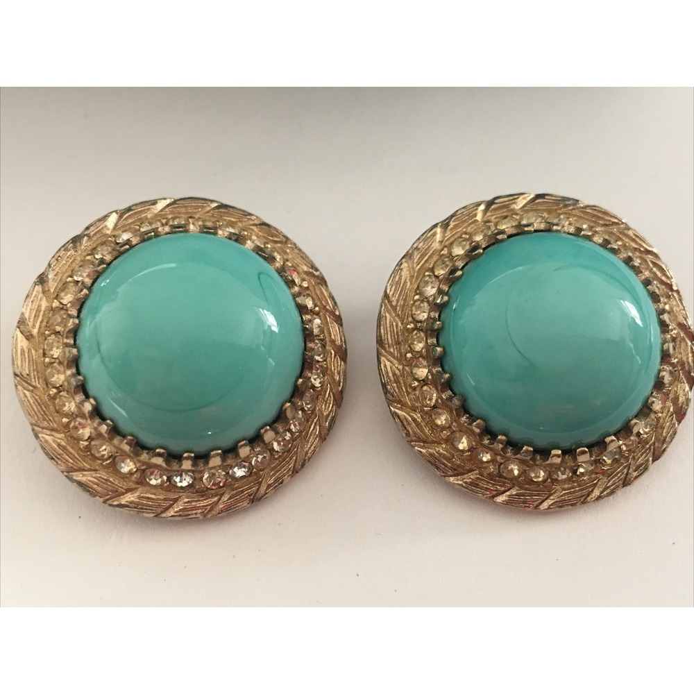 Vintage Bergere Signed Turquoise Glass Rhinestone Clip on Earrings Gold Tone